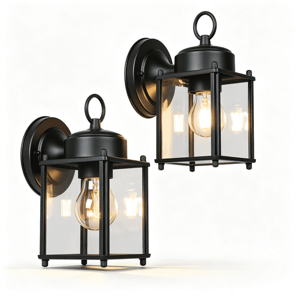 Outdoor Wall Lights, 2 Pack Niyattn Matte Black Wall Mount Exterior Light Fixtures with Top Ring Clear Glass, 4.5" x 8"H x 6"E Waterproof Porch Lights, Hardwired Outside Lights for House Front Door