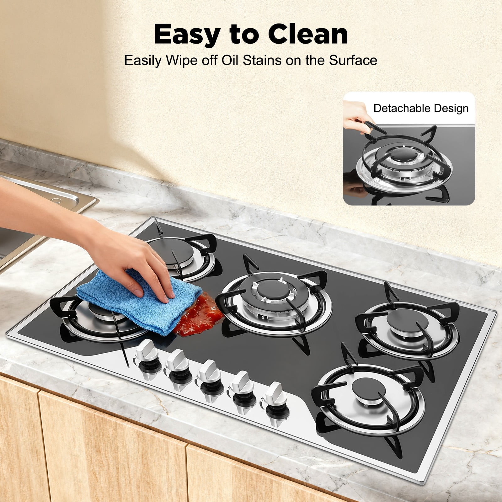 30 Inch Gas Cooktop, 5 Burners Built-in Stainless Steel Gas Stovetop, LPG/NG Dual Fuel Convertible Gass Cooktop