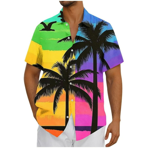 AHTJRT Men's Hawaiian Shirt Watercolor Hibiscus Design Lightweight & Breathable for Poolside Relaxation Multicolor L