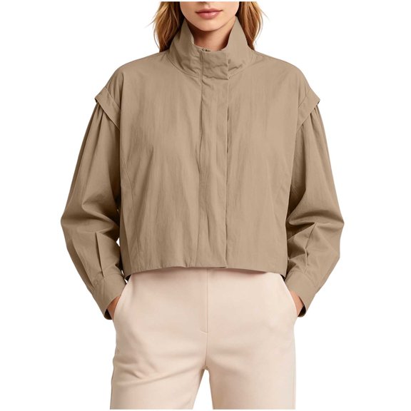 ABSUYY Womens Cropped Lightweight Oversized Jacket Stand Collar Zip Up Khaki,Size XS