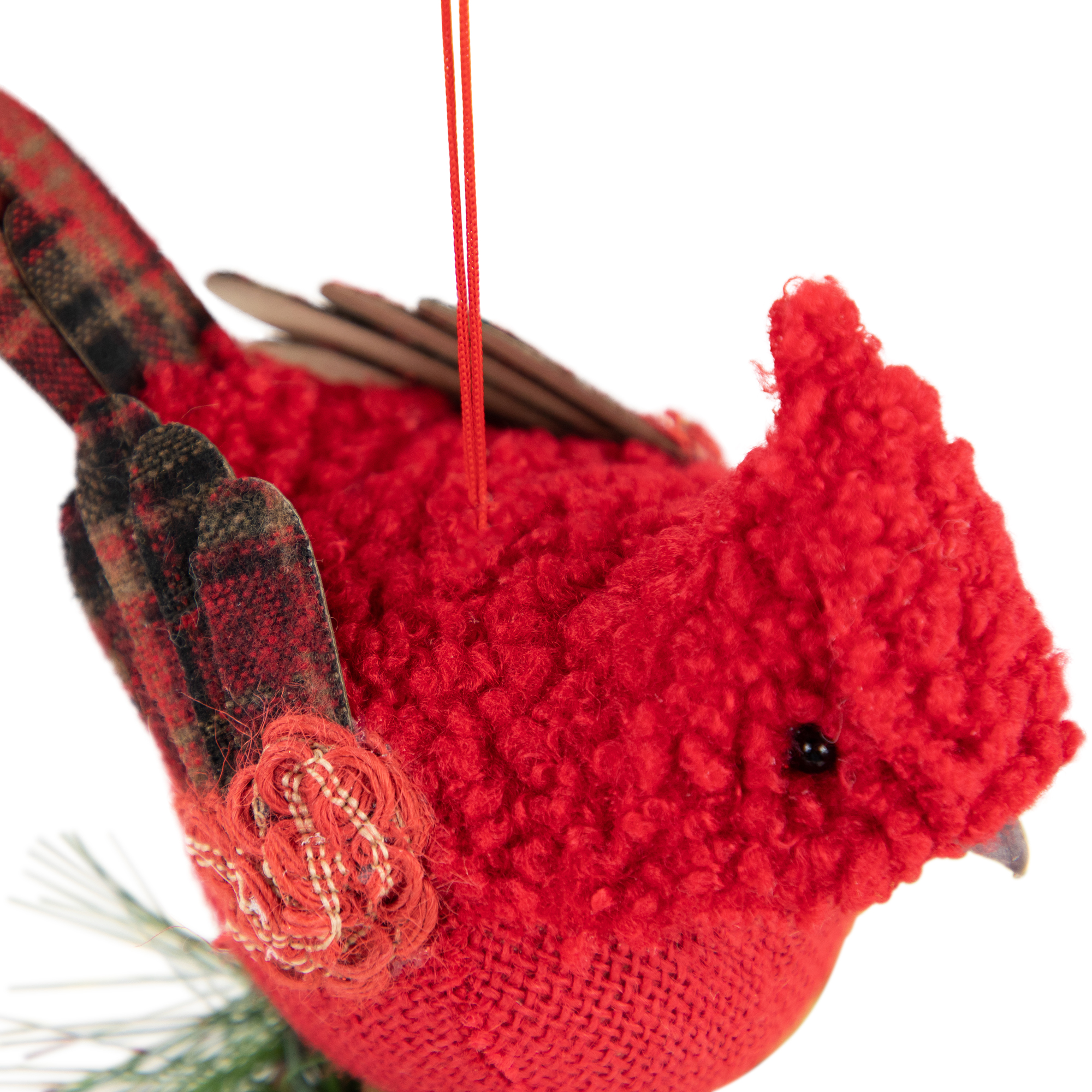 4.75" Burlap and Plaid Cardinal on Pine Sprig Christmas Ornament