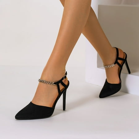 

Women‘s Ankle Chain Strap High Heels Black Pointed Toe Slingback Stiletto Sandals Party & Dress Shoes