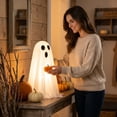 thumbnail image 3 of Outdoor Halloween Decorations, Cute Ghost Decor, Light Up Pumpkin Outdoor, Halloween Porch Decor, 20 Inch White Fabric Ghost with Pink Bow, Illuminated Interior, Porch Table, 3 of 5