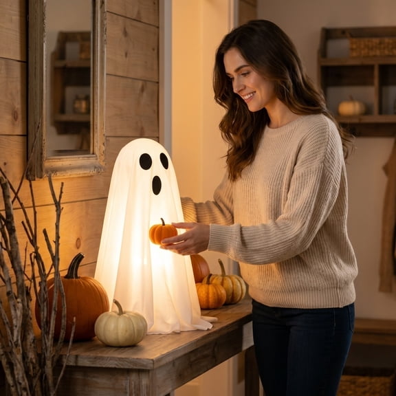 Spooky Halloween Porch Decor, Halloween Ghost Decorations, Light Up Pumpkin Outdoor, 20 Inch Standing Ghost with Pumpkin Accent for Porch Entryway Halloween Decor