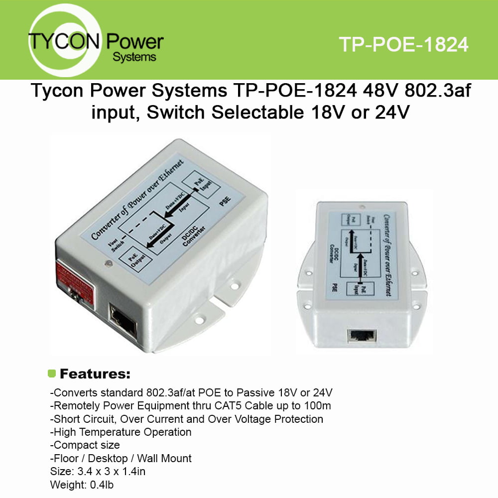 18/24VDC Tycon Power TP-POE-1824 Converter PoE 802.3af/at output 12W 