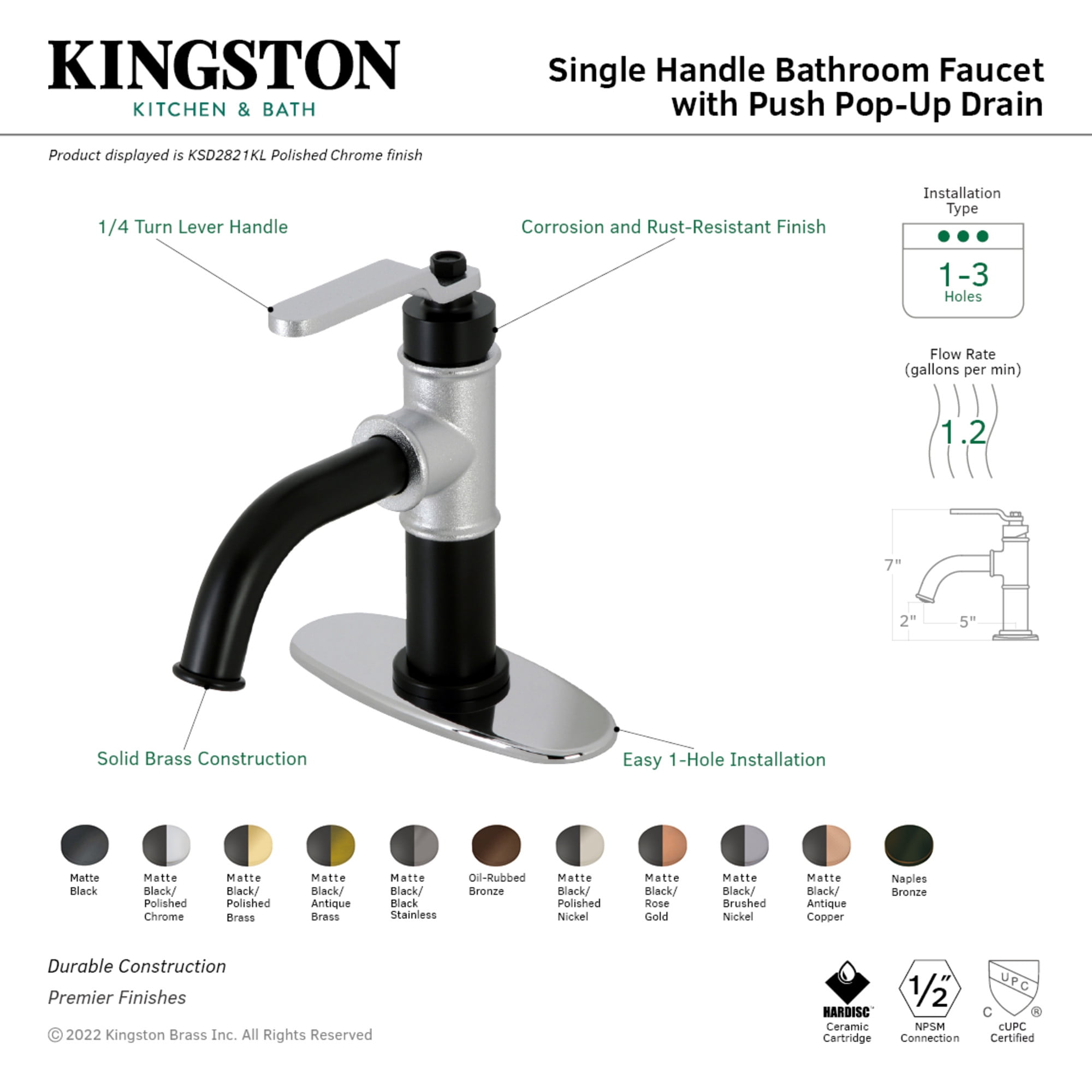 Kingston Brass KSD282KLAC Whitaker One-Handle Single-Hole Bathroom Faucet with Deck Plate and Push Pop-Up Drain, Matte Black/Antique Copper