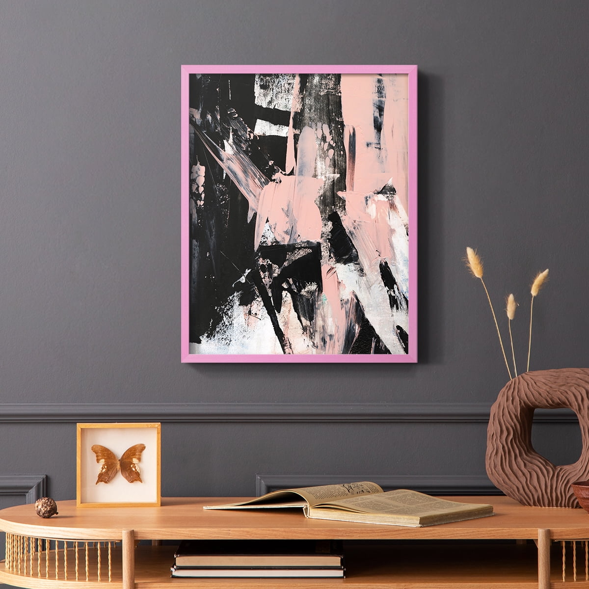 Black & Blush II Framed Print in Pink Solid Wood Framed Print No Nail Hanging