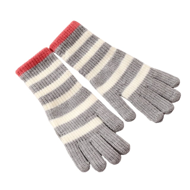 Gray Womens Striped Color Block Touchscreen Knitted Gloves For Winter Warmth Thermal Lining Cold Proof Stretchable Comfortable And Smartphone Compatible