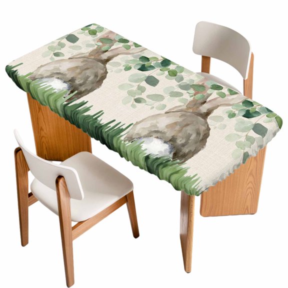 Easter Table Cloths for 3 Foot Rectangle Tables, Country Spring Rabbit Botanical Eucalyptus Leaves Patio Waterproof Elastic Fitted Tablecloths, Washable Rectangular Table Cover for Camping