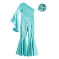 thumbnail image 5 of YONGHS Girls Shiny Metallic One Shoulder Flare Sleeve Wide Leg Bell Bottom Gymnastics Jumpsuit Blue Green-A 14, 5 of 7
