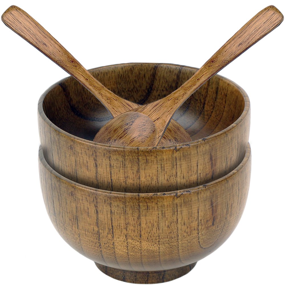 4 Piece Wooden Bowl and Spoon Set for Rice Miso Soup and More by bogo