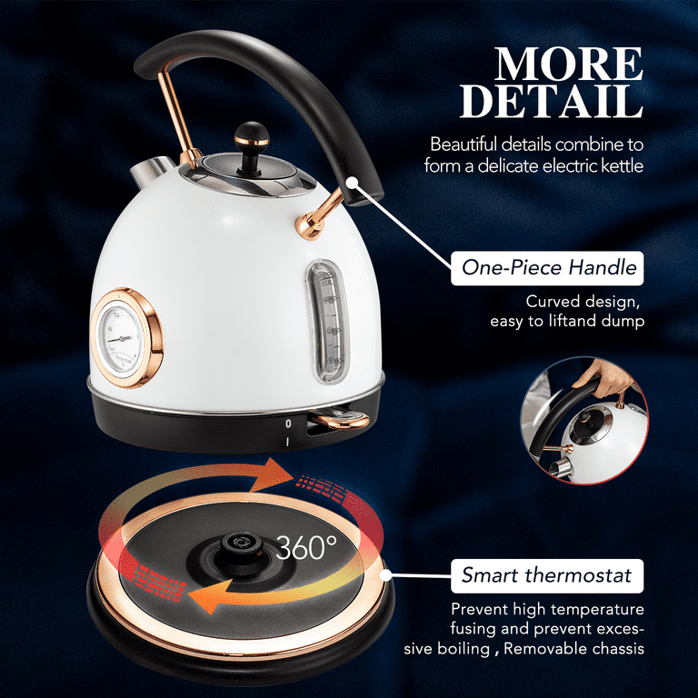 Retro Electric Kettle Stainless Steel 1.8L Tea Kettle, Hot Water Boiler  with Thermometer, Led Light, Fast Boiling, Auto Shut-Off&Boil-Dry  Protection (White) 