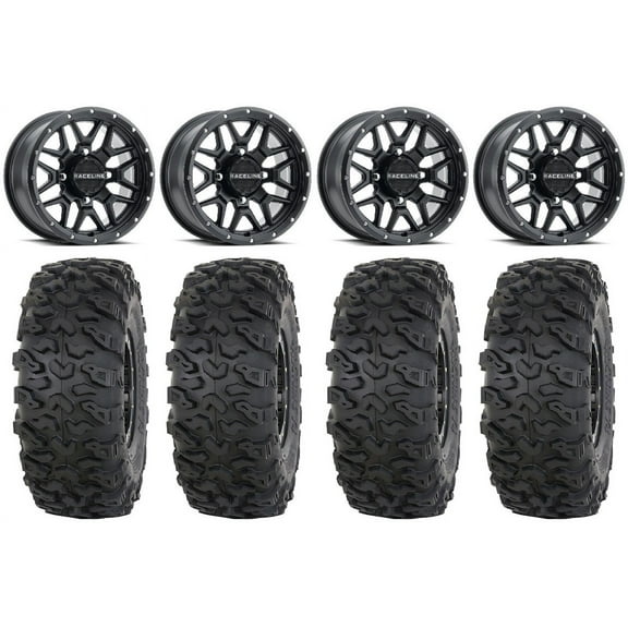 Raceline Krank 14" Wheels Bk  38mm 32" Roctane T4 Tires Sportsman RZR Ranger