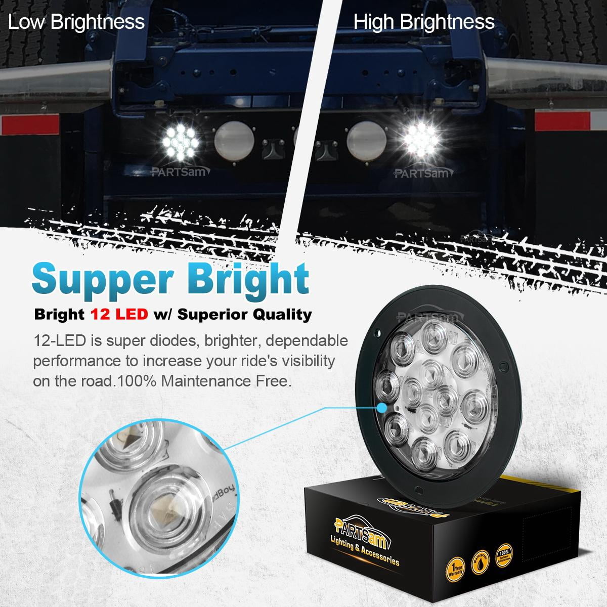 Partsam 2PCS 4" Waterproof Backup Reverse Light Flange Mount 12 LED Truck Trailer RV White