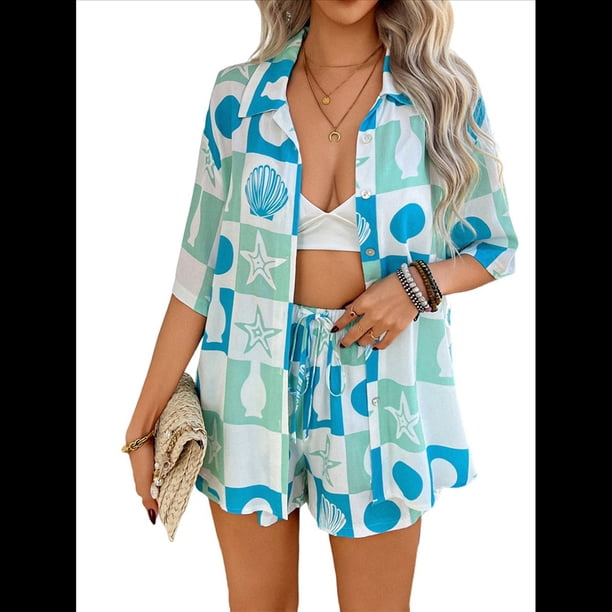 Conjunto de 2 Piezas para Mujer, con Estampado Floral Tropical Suave de Verano, Cuello en V, Corta, Botones y Pantalones Cortos. Tablero de Ajedrez XL