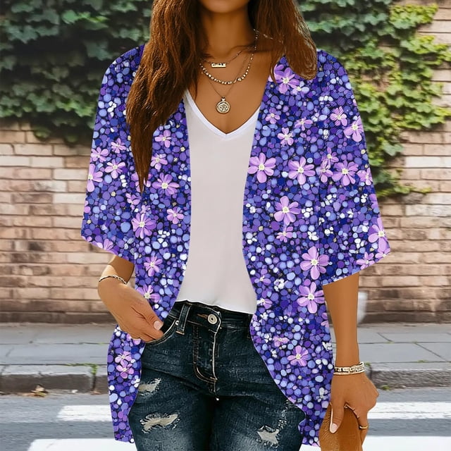 Xuyuer Spring Beach Cover-Up Cardigan - Women's 3/4 Sleeve Casual Shirt for Summer Seaside Outings, Resort Vacations, Breezy Seasonal Layering Top & Coastal Stroll Essentials