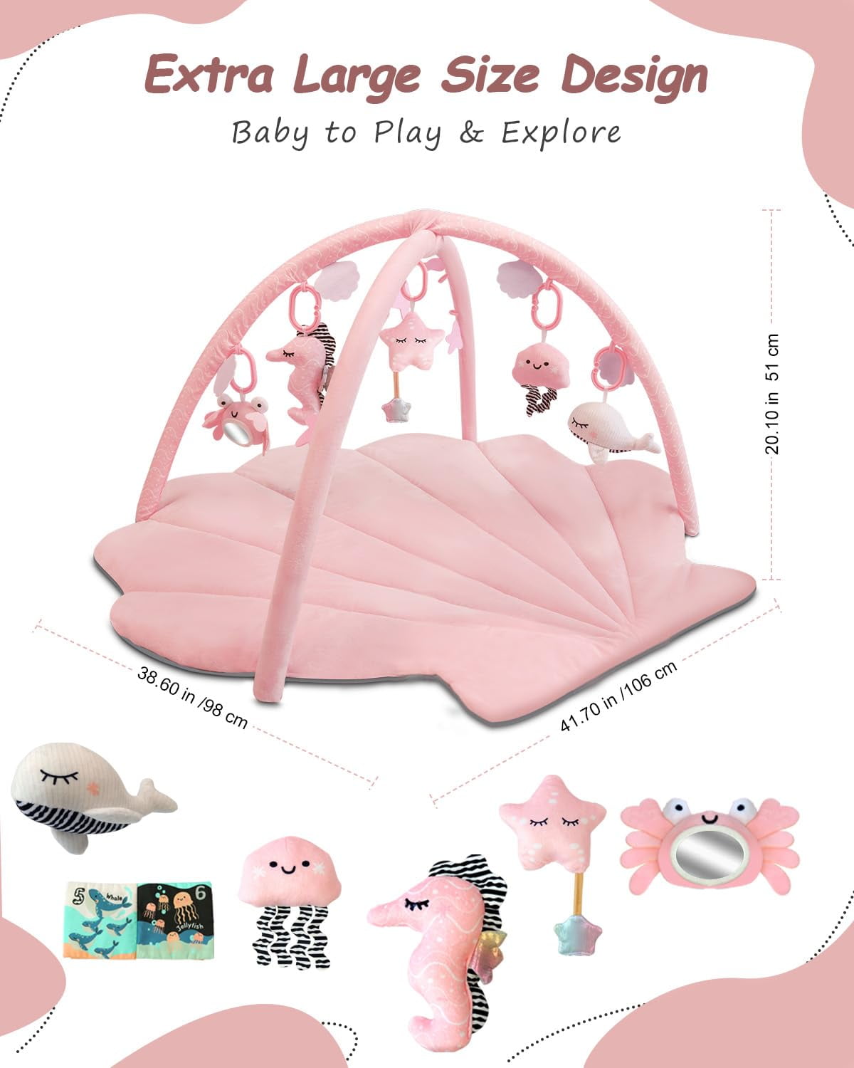 Baby Play Gym Mat, Oversize Tummy Time Activity Mat with 6 Detachable Toys for Infant 0-12 Months Sensory Exploration Skill Development,Pink