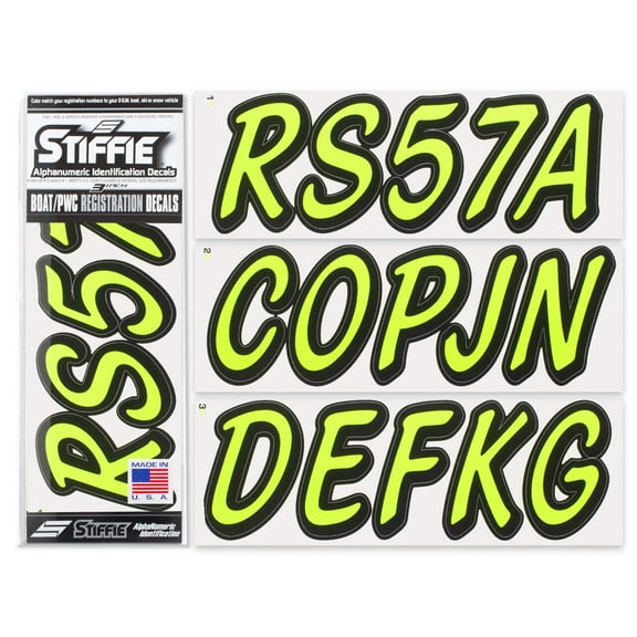 STIFFIE Whipline Solid Day Glow Yellow/Black 3" Alpha-Numeric Registration Identification Numbers Stickers Decals for Boats & Personal Watercraft