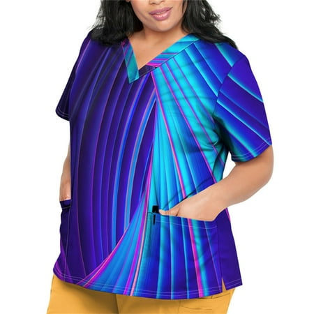 

Sksloeg Scrubs Tops for Women Plus Size Color Block T Shirts Short Sleeve V-Neck Workwear Nurse Uniform Tee with Pockets Blue L
