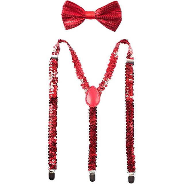 Sequin Bow Tie & Suspenders Set,Y Back Style Comfortably Adjustable Elastic with Clips Unisex for Cosplay Party