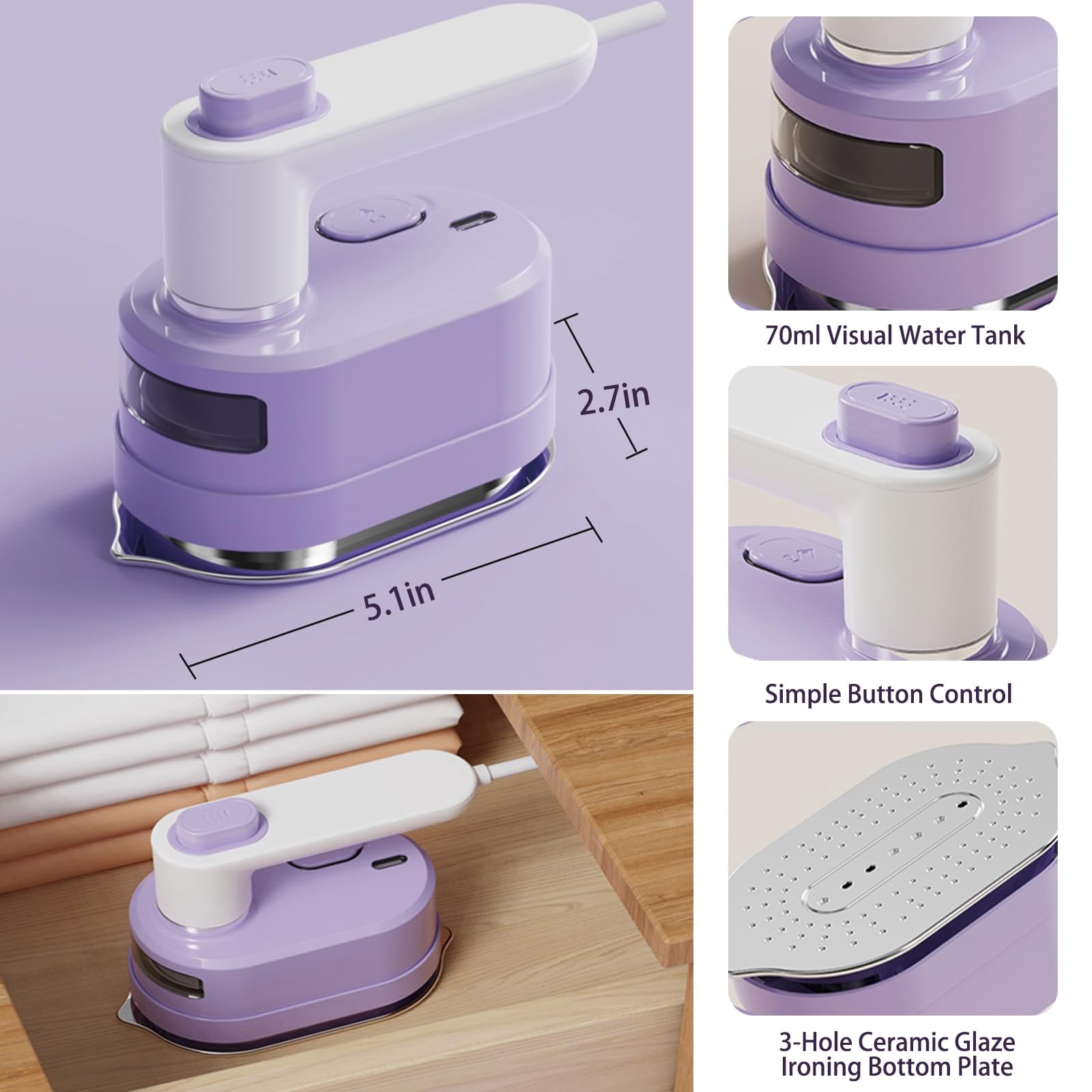 Portable Travel Steam Iron, 180° Rotating Handle Foldable for Hanging & Flat Ironing, Mini Dual-Purpose Steam & Dry Iron for Clothes, Essential for Dorm, Business Trip & Home