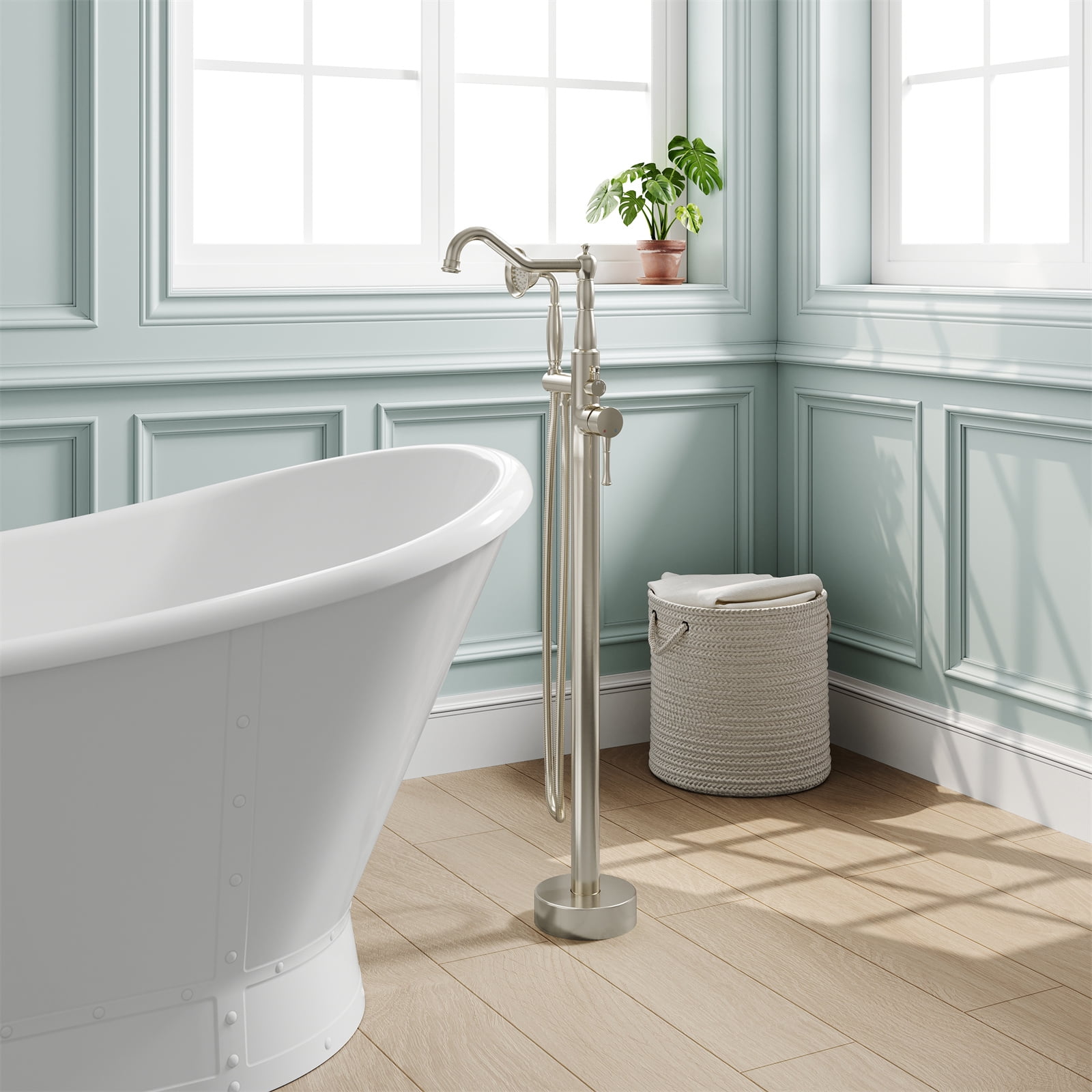 ANGELES HOME Freestanding Tub Faucet with Handheld Shower, Floor Mount Bathtub Filler, Roman Bathtub Faucet with Swivel Spout Brass Rough-in and Water Hose, Brushed Nickel
