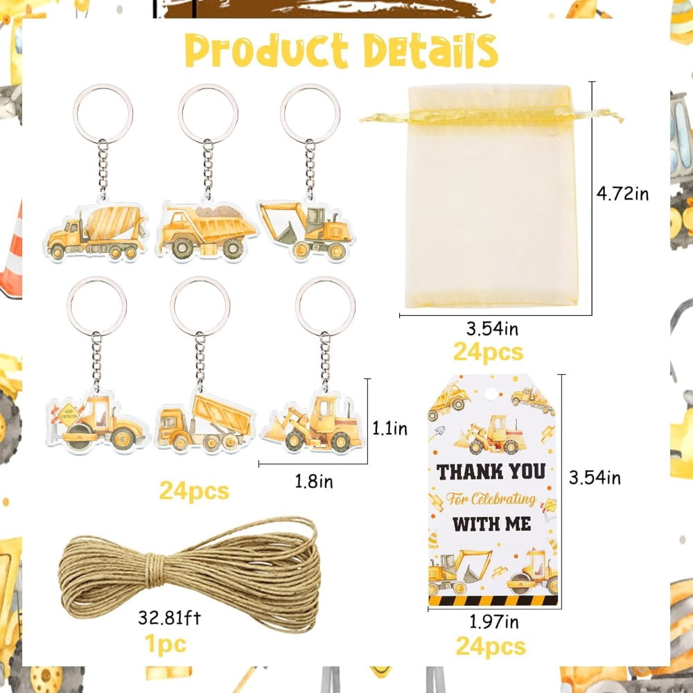 TWO WILD Serencatcher Construction Theme Party Favor, 72pcs Truck Party Favor Key Chain Thank You for Celebrating with Me Tag White Organza Bag for Construction Baby Shower Birthday Party Supplies