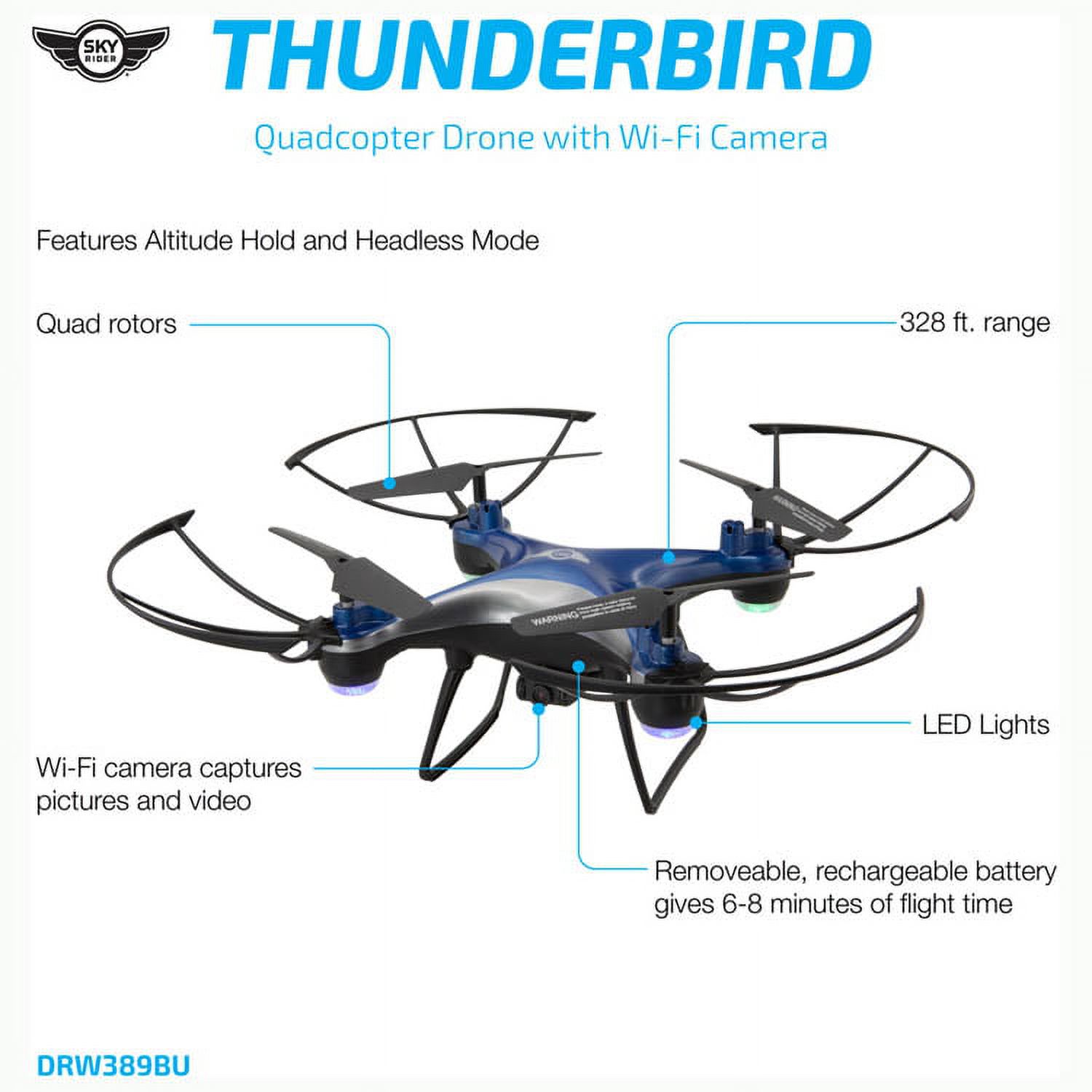 Sky Rider Thunderbird Quadcopter Drone with Wi-Fi Camera, DRW389, Black - image 2 of 5