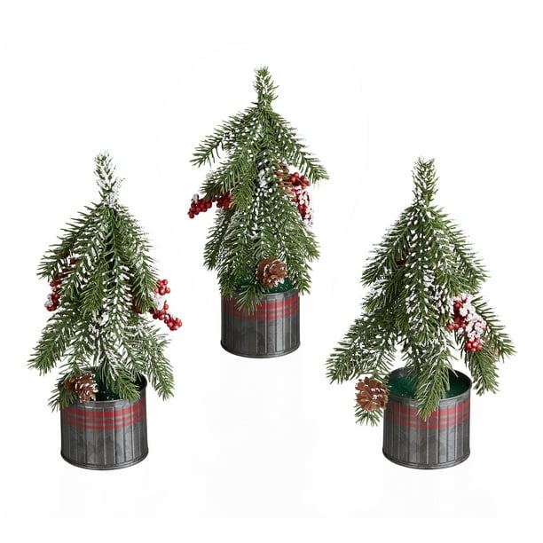 Holiday Time Galvanized Pot Flocked Tree Tabletop Christmas Decoration ...
