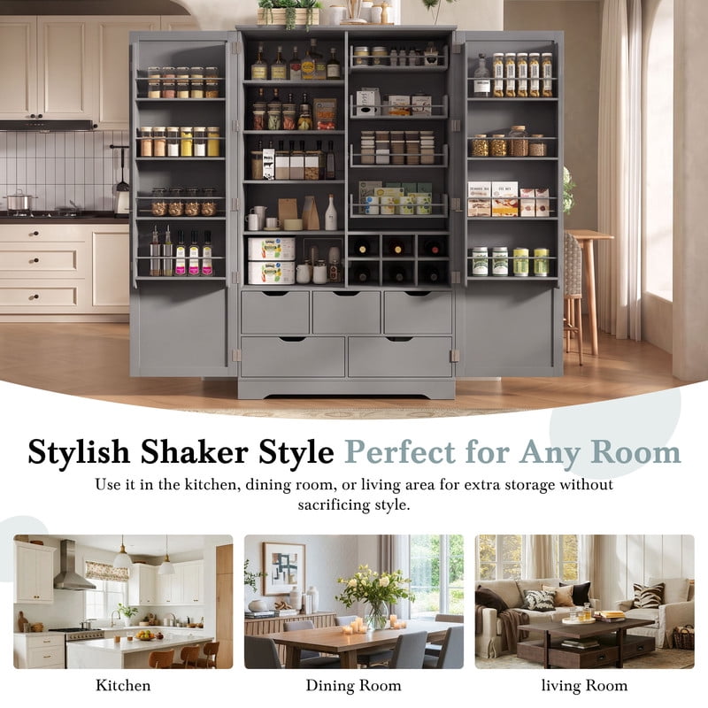 All-in-One Kitchen Pantry Bar Cabinet with Drawers, Hidden Trays, Racks & Adjustable Shelves, Freestanding Storage Cupboard