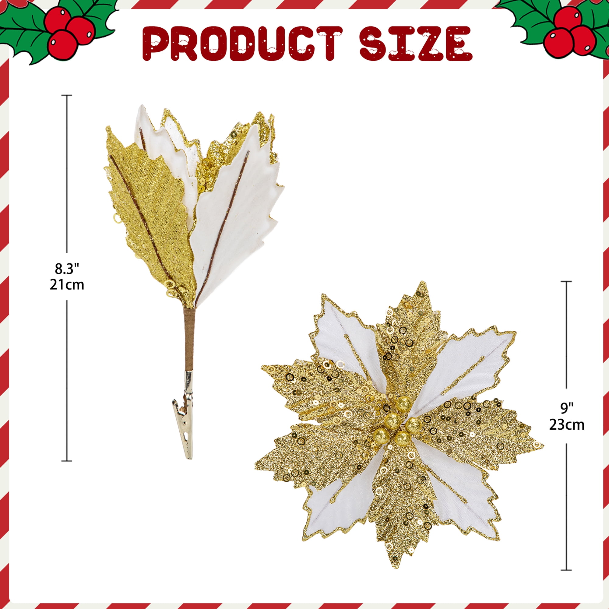 8PCS Christmas Poinsettia Flowers Glitter Decorations Flowers with Clips Ornaments for Christmas Tree Wreath Garland, White Gold