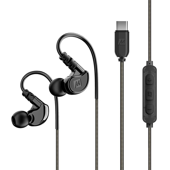 MEE audio M6 Sport USB-C Wired Earbuds with Memory Wire Earhooks, Headset with Mic & 3-Button Remote for iPhone 16, iPad, Other USB Type C Devices; in Ear Headphones for Running/Gym/Workouts, Black