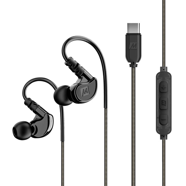 MEE audio M6 Sport USB-C Wired Earbuds with Memory Wire Earhooks, Headset with Mic & 3-Button Remote for iPhone 16, iPad, Other USB Type C Devices; in Ear Headphones for Running/Gym/Workouts, Black