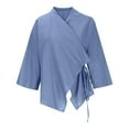 thumbnail image 4 of dGslk Women’s Loose Fit V Neck Wrap Blouse with Adjustable Waist Tie and 3/4 Sleeve Lightweight Casual Top for Work and Daily Wear Sky Blue XL, 4 of 4