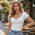 thumbnail image 2 of 3Pcs Women's Sweetheart Neck Cap Sleeve Fitted Tops, V-Neck Short Sleeve Crop Tops for Women  for Daily Wear (Black/White/Pink), 2 of 9