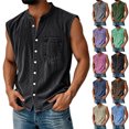 thumbnail image 2 of Mens Sleeveless Button Down Shirts Summer V Neck Washed Muscle Tank Tops Beach Basic T-Shirt Relaxed Fit Vest with Pockets,Black,XXL, 2 of 6