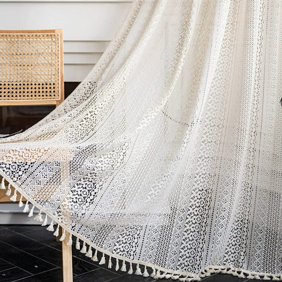 Vintage Macrame Tassel, Boho Sheer Lace Curtain for UV Light Blocking, Shabby Chic Decoration in Wide Occasions Use (2 Panels)
