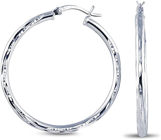 40MM Sterling Silver 3MM Diamond Cut Round Hoop Earrings 