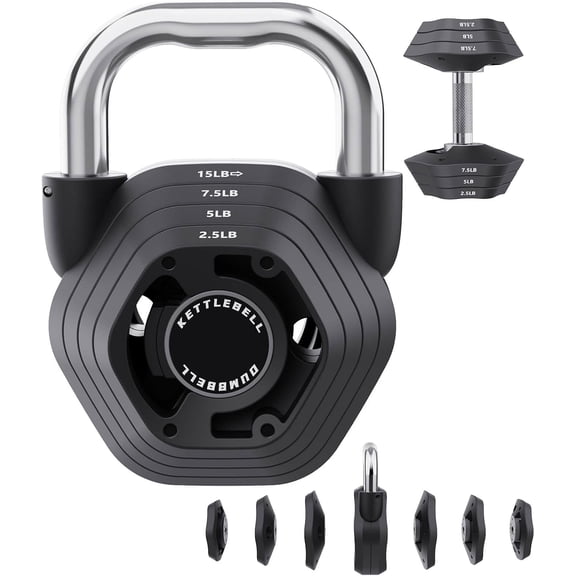 2-in-1 Adjustable Kettlebell, 15-45LB Kettlebells Weight Set for Strength Training, 5.9-30.9LB Adjustable Weights Dumbbell for Home Gym Full Body Workout