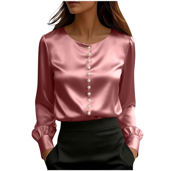 ZQGJB Women Satin Silk Tops Dressy Business Casual Tunic Blouse Lightweight Long Sleeve Peal Button Decor Work Shirts Office Outfits