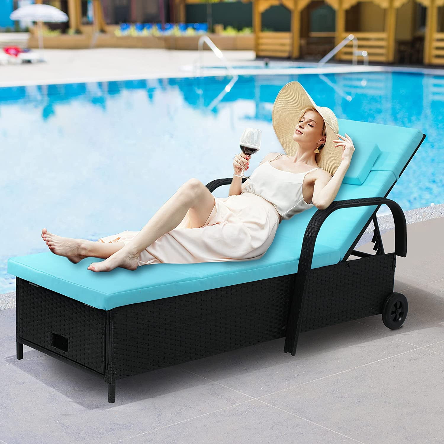 Dextrus Outdoor Chaise Lounge Storage Chair, Rattan Wicker Patio Pool Lounger with Adjustable Backrest, Arm, Cushion, Pillow and Wheel for Poolside Backyard Porch Garden Beach