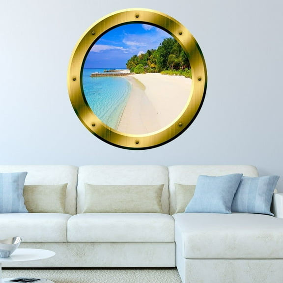 VWAQ Sandy Beach Porthole 3D Ocean View Wall Decal Peel And Stick Decor - GP36 (24" Diameter)