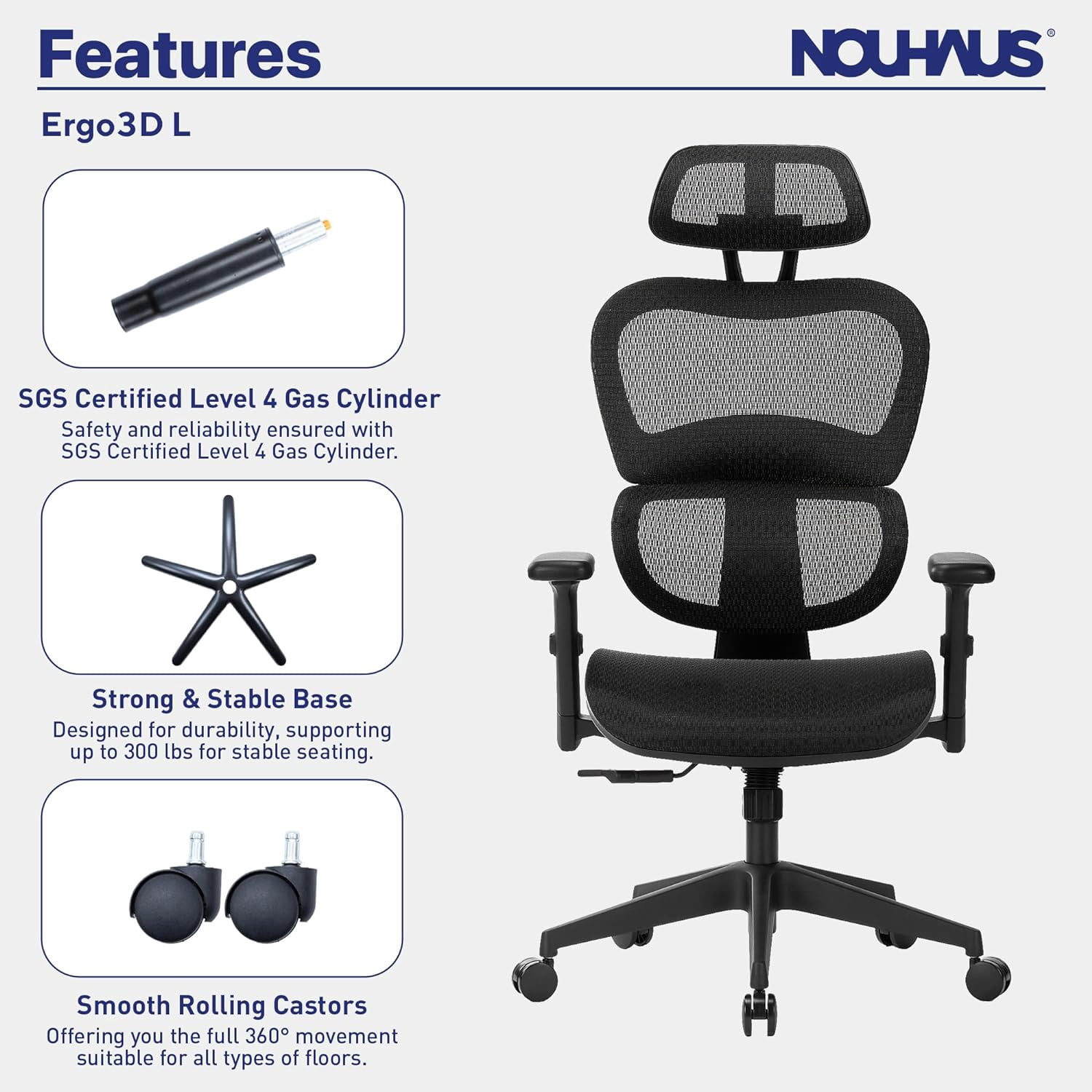 NOUHAUS Ergo3DL Ergonomic High-Back Mesh Office Chair with Adjustable Headrest, Lumbar Support, and Armrests, Black