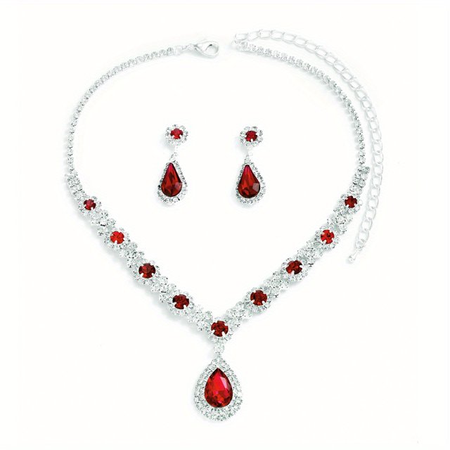 Elegant Wedding Bridal Jewelry Set with Pendant Necklace and Dangle Earrings - Inlaid Synthetic Gems for a Shimmering Look