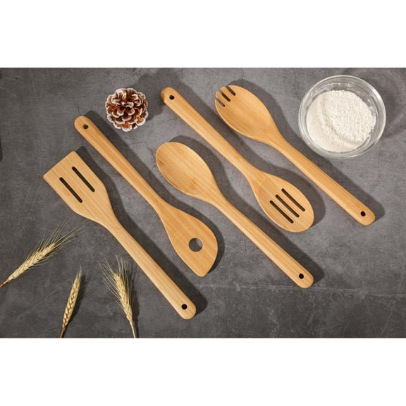5-Piece Bamboo Cooking Spoons Set, Non-Stick Safe Heat Resistant Kitchen Utensils for Stirring Mixing Serving, Essential Kitchen Tools