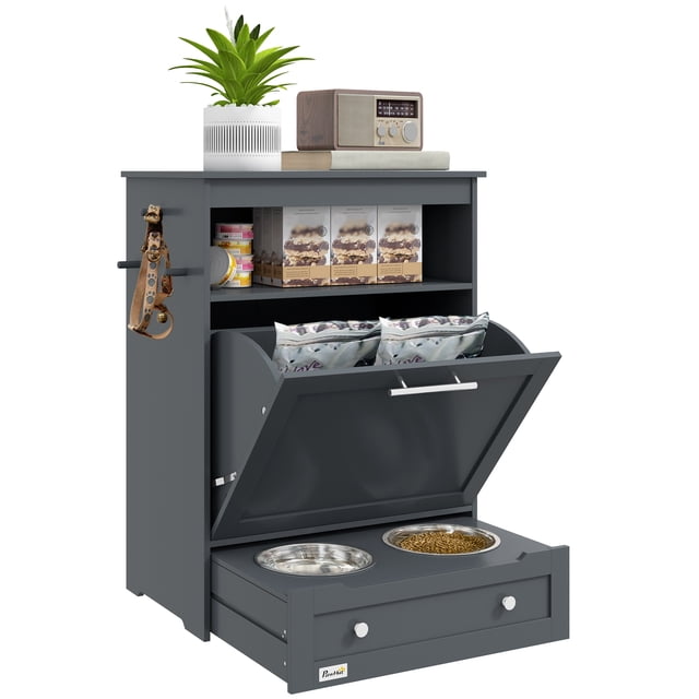 PawHut Station d'Alimentation pour Animaux Armoire de Rangement, Conteneur de Rangement, Gris