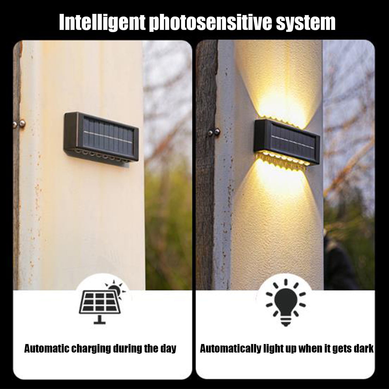 CasaChic 2 Pack Solar Wall Lights, IP65 Up and Down Illuminate, 6H Charging 8-12H Lighting, Home Garden Porch Lights, Driveway Gate Sidewalk Lights, Outdoor Decor Lighting, Solar Wall Sconces