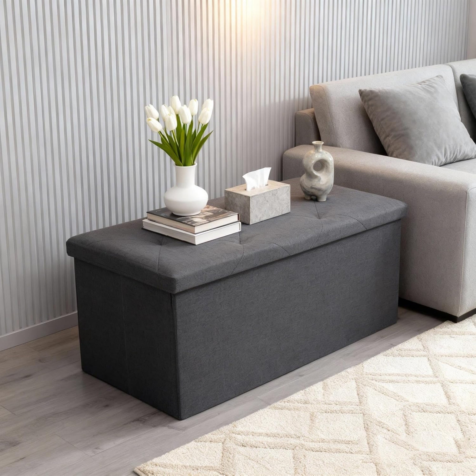 43" 3PCS Storage Ottoman Bench, Folding Storage Bench Ottoman with Lid, 660 lbs Heavy Duty Fabric Seat for Bedroom Living Room Entryway, Grey