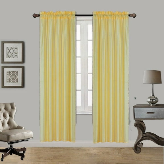 2PC MR2 YELLOW SOLID SILK SEMI SHEER ROD POCKET WINDOW CURTAIN PANEL LIGHT FILTERING 55" W X 95" L EACH PC