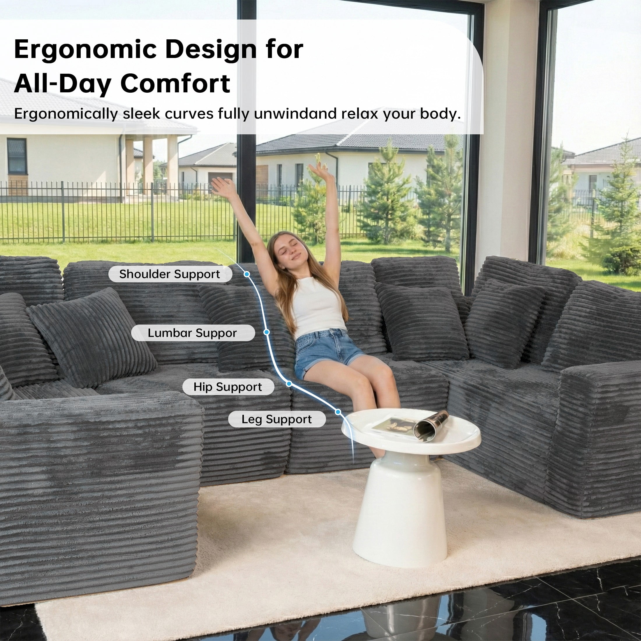 SEENYOO 135.5" Cloud Couch,Boneless Sectional Sofa for Living Room,Gray U Shaped Couch with Chaise,6-Seater,Corduroy Fabric,Freely Configurable Layout